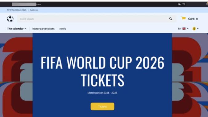 Un exemple de site pishing offrant d'acquérir des billets pour la Coupe du monde Fifa 2026.
